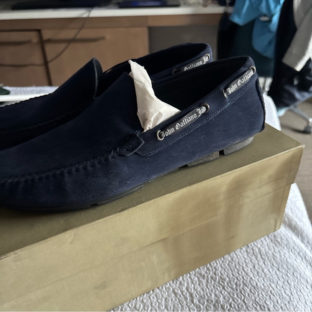 Men’s John Galliano Navy Suede Drivers Shoes, Size 9.5